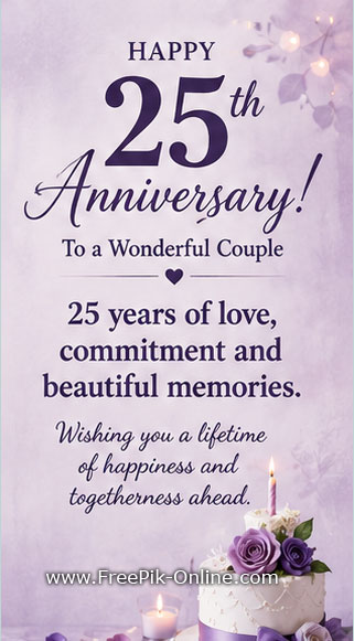 Happy 25th Anniversary! To a Wonderful Couple.
25 Years of love, commitment, and beautiful memories.
Wishing you a lifetime of happiness and togetherness ahead.