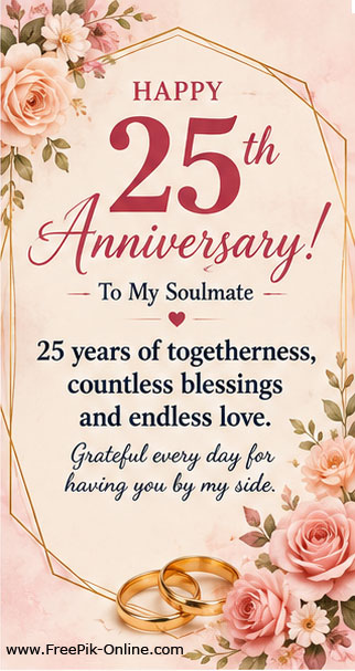 Happy 25th Anniversary! To My Soulmate.
25 Years of togetherness, countless blessings, and endless love.
Grateful every day for having you by my side.