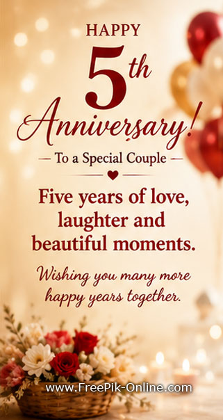Happy 5th Anniversary!
To a Special Couple. Five years of love, laughter, and beautiful moments.
Wishing you many more happy years together.