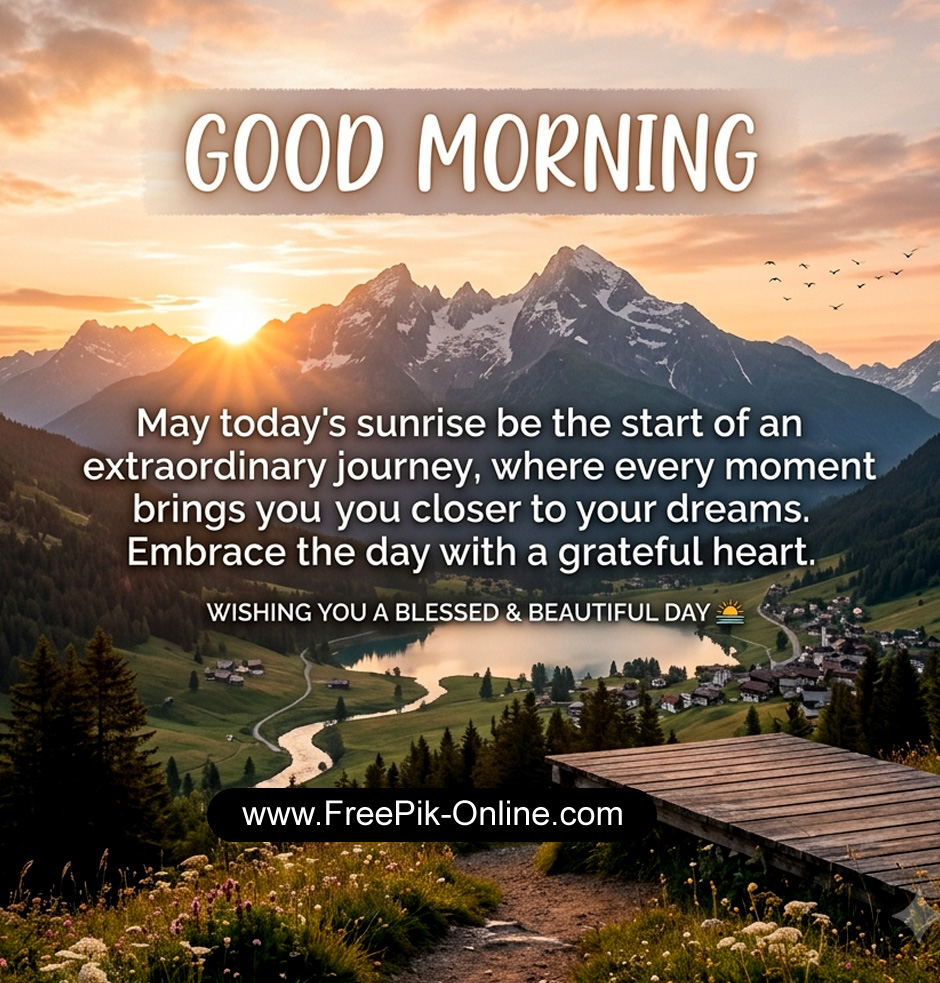 Good Morning!
May today's sunrise be the start of an extraordinary journey, where every moment brings you closer to your dreams.
Embrace the day with a grateful heart.