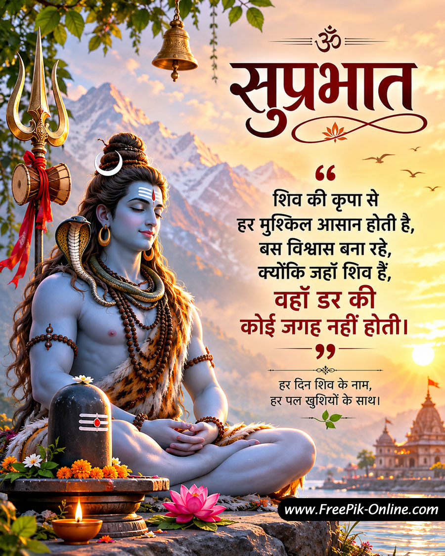 शिव की कृपा से हर मुश्किल आसान होती है, 
बस विश्वास बना रहे, 
क्योंकि जहाँ शिव है, 
वहाँ डर की कोई जगह नहीं होती। 
हर दिन शिव के नाम, हर पल खुशियों के साथ।